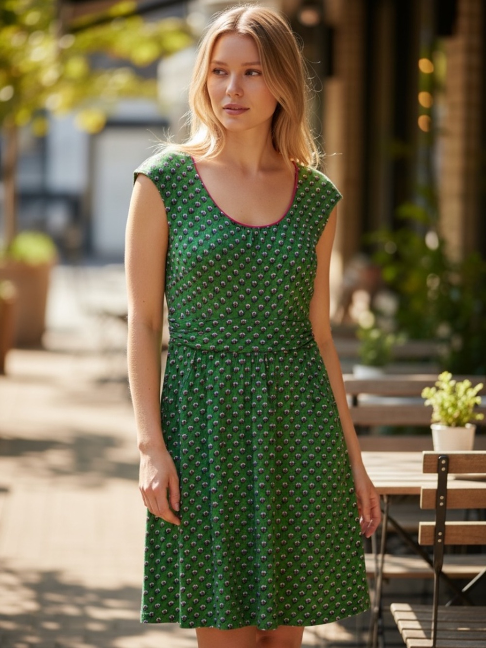 Boden Women’s Phoebe Green Floral Pink Trim Dress